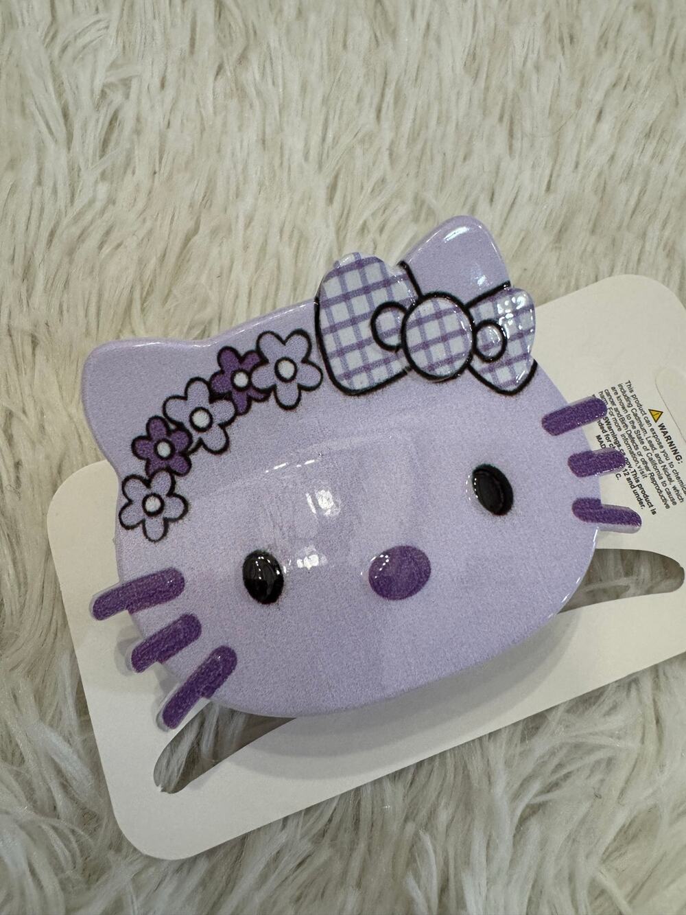 Hello Kitty Sanrio large hair clip claw purple flowers details and checkered bow